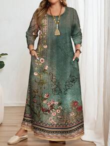 EMERY ROSE Versatile Casual Retro European Floral Pattern Print Plus Size Long Sleeve Crew Neck Dress, Suitable For Autumn/Winter,Vacation/Summer/Spring
