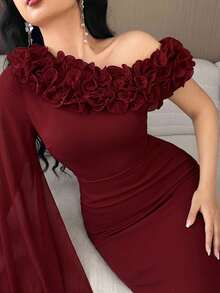 Feyla 女士纯色斜肩修身连衣裙，饰有3D立体花卉图案 - 酒紅色 - 查看 7
