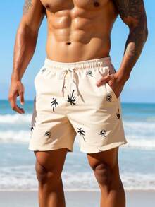 Manfinity Swimmode Pantalones cortos de playa con cintura elástica, cordón y bolsillo con estampado de palmeras para hombres - Albaricoque - Ver 6