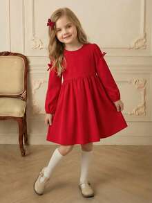 PrepCrw Rochie de fete tinere, stil preppy, cu guler rotund, mâneci bufante, decorată cu funde, mâneci lungi - roșu - Vizualizare 1