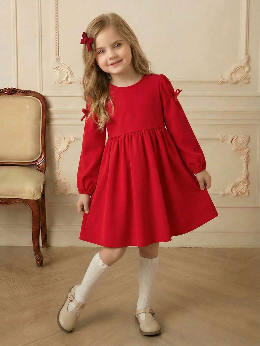 PrepCrw Rochie de fete tinere, stil preppy, cu guler rotund, mâneci bufante, decorată cu funde, mâneci lungi - roșu - Vizualizare 1
