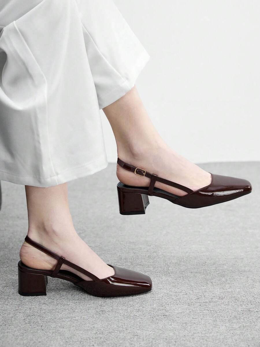 CUCCOO BIZCHIC Classic Black Textured Square Toe Chunky Heel Slingback Pumps, Versatile Commuting Work Shoes For Women Valentine's Day Spring Shoes - Coffee Brown - View 1
