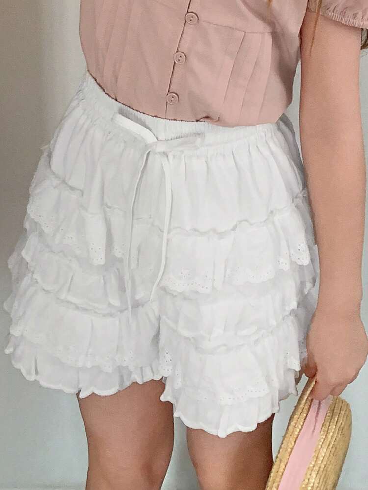 Tween Girls' Summer Casual Solid Color Ruffle Hem Shorts