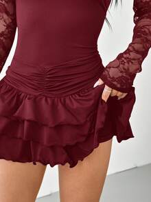 SHEIN EZwear Đầm trễ vai màu đỏ rượu vang phối ren và lưới dành cho nữ - Màu Đỏ Sâu - Xem 6