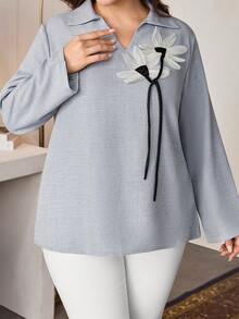 Modelyn Women's Plus Size Grey Blouse,Elegant Light Blue,Autumn Office Casual Long Sleeve Shirt With Collar Neckline,Linen-Like Knot Flower Decor Tops - Grey - View 1