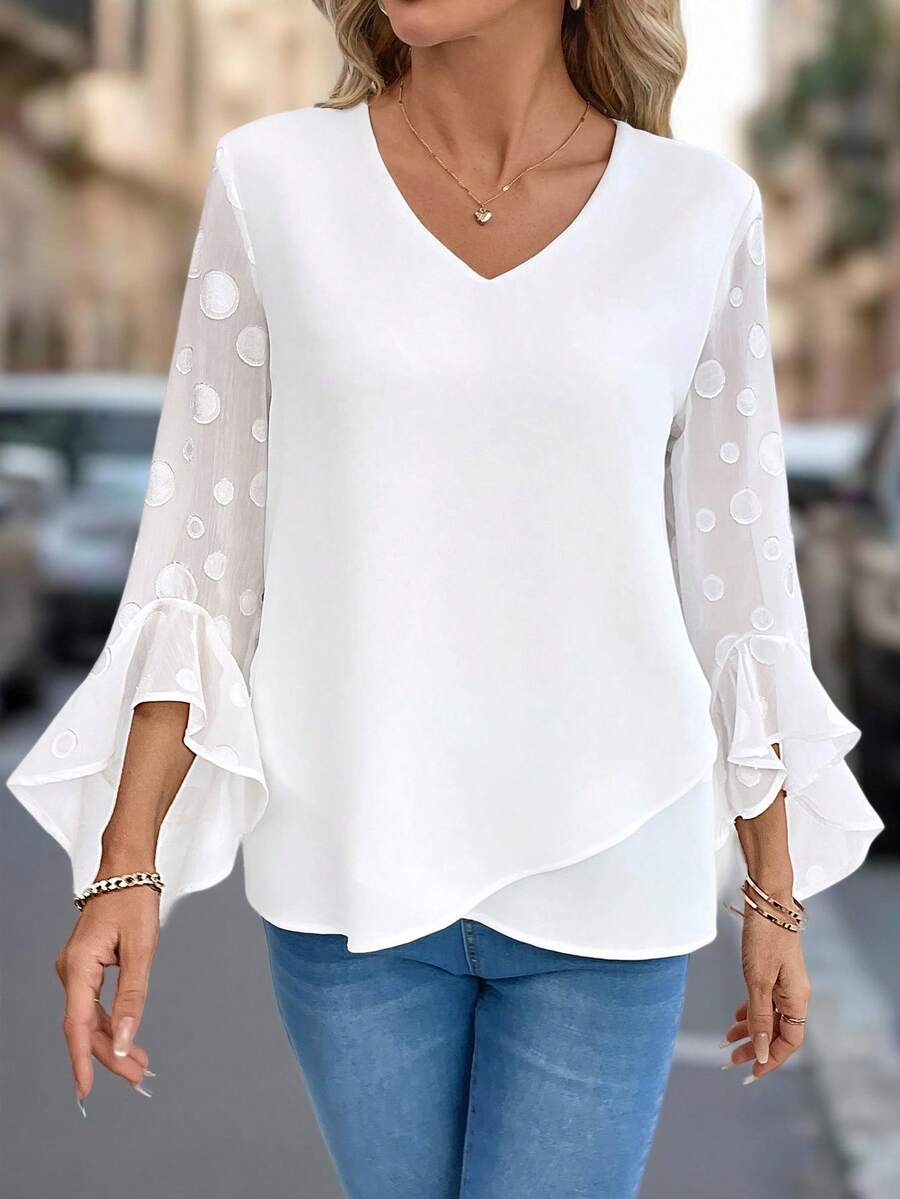 SHEIN Clasi Women's Fashionable Elegant V-Neck Flare Sleeve Long Sleeve Blouse - White - View 1