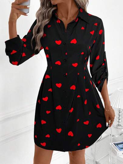 SHEIN Clasi Women's New Elegant Waist Cinching Heart Print Short Dress, Suitable For Valentine's Day, New Year Valentine's Day Outfit Summer Dresses For Women Heart Dress Dresses For Women Long Sleeve Casual Dresses For Woman Heart Print Dress Women's Casual Dress Valentine's Day Carnival Costume Women Suitable For Spring/Summer Carnival Long Sleeve Heart Dress Women's Casual Heart Dress Black Heart Print Dress