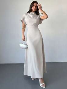 Firerie 女士春夏新款褶裥领不对称袖侧褶腰身通勤米色竹纤维亚麻A字连衣裙，适合所有季节 - 杏色 - 查看 4