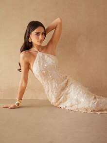 Silquee 女士优雅亮片露背高开衩吊带连衣裙，夏季 - 杏色 - 查看 7