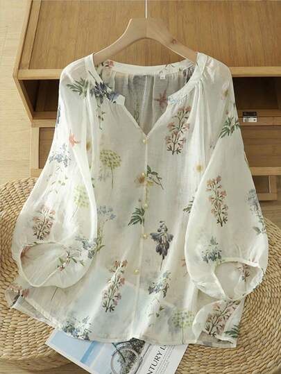 Linhara 复古V领灯笼袖宽松休闲大码女式衬衫棉质上衣女式夏季衬衫女式夏季上衣女式衬衫