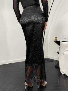 Modelyn Women's Elegant Lace & Leopard Print Patchwork Skirt Long Black Skirt Mermaid Skirt Elegant Skirt Tight Long Skirt Black Leopard Print Skirt Black Lace Skirt See Through Skirt Long Sleeve Elegant Dress Black See Through Dress - Black - View 5