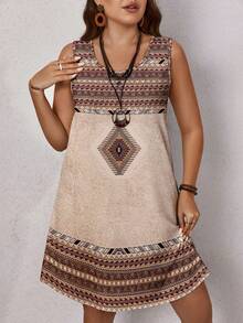 EMERY ROSE Plus Size Women Casual Minimalist Geometric Print Round Neck Sleeveless Dress, Suitable For Summer Vacation Spring Beach Outfit