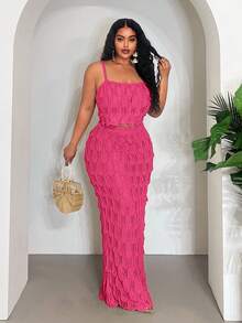 Veslaya 2025 New Sexy/Vacation/Elegant Sleeveless Hollow-Out Cropped Top And Bodycon Maxi Skirt Set - Hot Pink - View 1