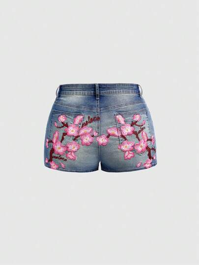 ROMWE Grunge Punk Plus Size Summer Casual Washed Floral Embroidered Denim Shorts