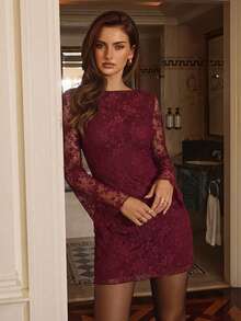 Aloruh 酒红色植绒长袖秋冬连衣裙 - 酒紅色 - 查看 5