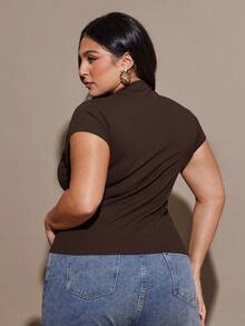 SHEIN BAE Plus Size Women Short Sleeve Crew Neck Cardigan Top/Winter - Coffee Brown - View 5