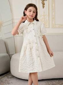 Girls' White Summer Princess Dress,Traditional Sequin Textured Fabric,Pearl Buttons&3D Floral,Collared Puff Sleeve Wedding Birthday Party Silhouette - White - View 6