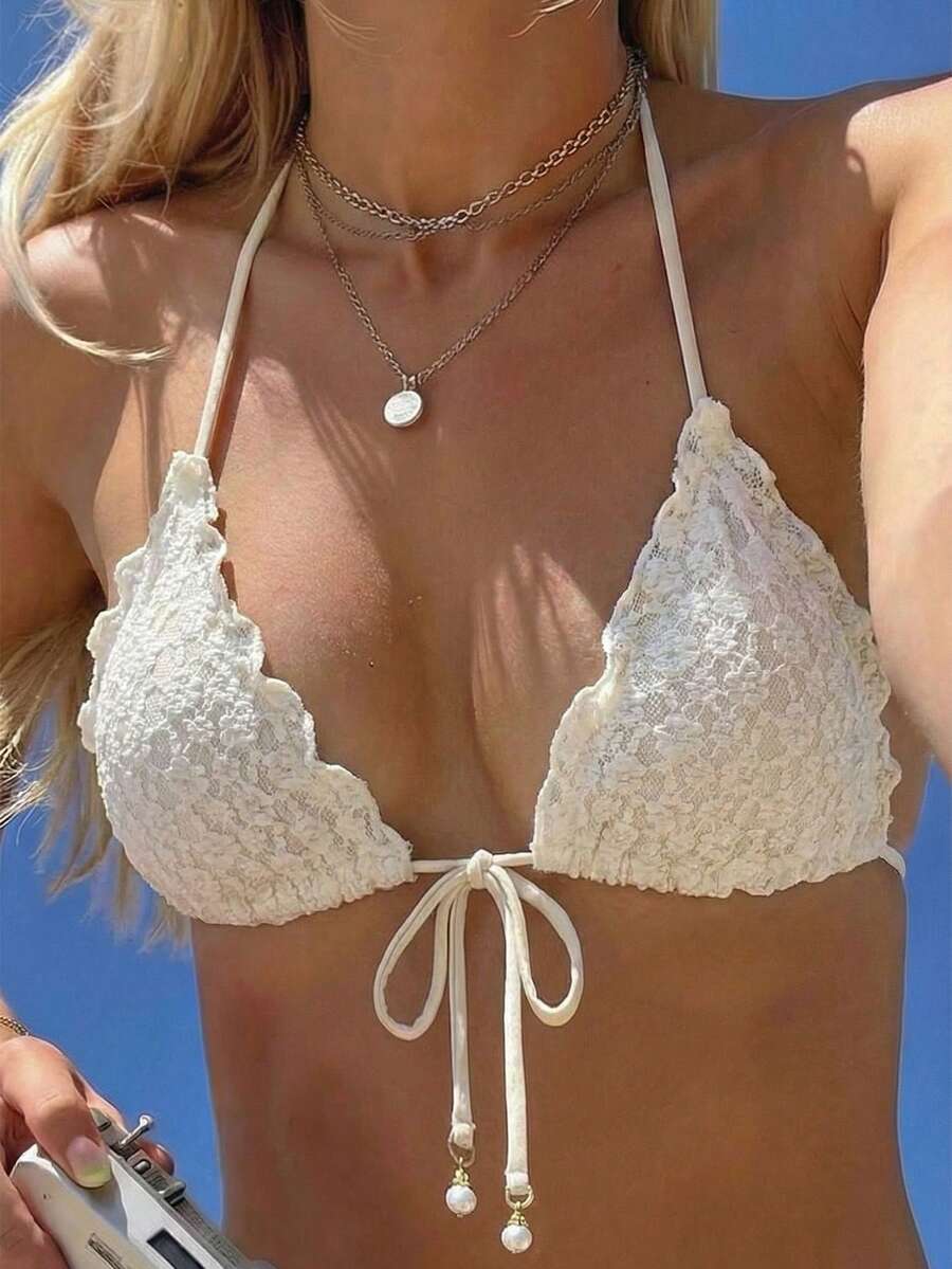 Swim Mod Women's Summer New Beach Vacation Cute Floral Tie Strap Triangle Bikini Top, Sexy Backless Swimsuit With Mesh Fabric - Beige - View 1