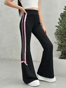 SHEIN Nova Glow Tween Girls Side Stripe Flared Casual Pants, Contrast Color Ribbon & Bow Accent, Back-To-School & Everyday Wear - Black - View 3