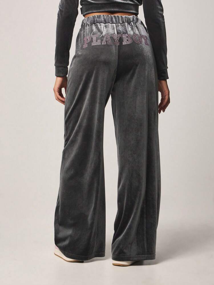 Missguided x Playboy Wide Leg Velvet Drawstring Sweatpants With Rhinestone Logo Detail And Elastic Waistband Casual Lounge Pants