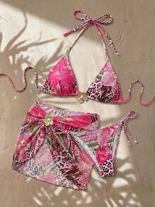 Swim Vcay 女士花卉印花金属装饰挂脖比基尼套装，带打结裙摆 - 彩色 - 查看 3