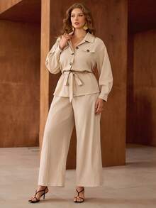 Roveilla Plus Size Woven Shirt Collar Open Front Cinched Waist Casual Long Sleeve Pants Two Pieces Set - Khaki - View 4