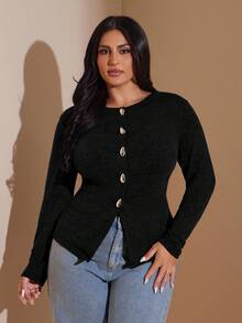 SHEIN BAE Plus Size Women Metal Button Decor Long Sleeve Basic Top/Winter - Black - View 2