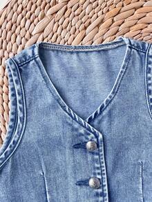 LMoss Kids 2pcs/Set Girls Denim Sleeveless Vest & Pleated Skirt,Kid Girls Spring And Summer Casual Vacation Country Boho Wear, Beach Outfits For Kid Girls,Spring Break Outfits,Rave Outfits Festival Denim Set - Light Wash - View 8