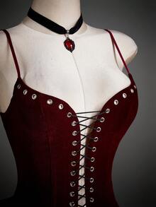 SHEIN ICON Y2k 女士酒红色派对哥特性感网纱拼接交叉绑带迷你吊带连衣裙，适合度假、生日、婚礼、情人节等场合，夏季约会之夜 - 酒紅色 - 查看 3