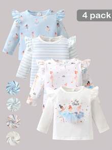 SHEIN 4件套女婴休闲日常百搭芭蕾薄纱裙套装，包含条纹碎花上衣，面料柔软亲肤，超值多件套 - 藍色 - 查看 3