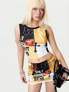 Y2Kool Putra Dikjaya Women's Summer Fashion Street Y2K Punk Style Cross Patchwork Print Slim Cropped Tank Top Graphic Crop Tops Party Tops Springs Women Birthday For Women Carnival - Multicolor - View 6