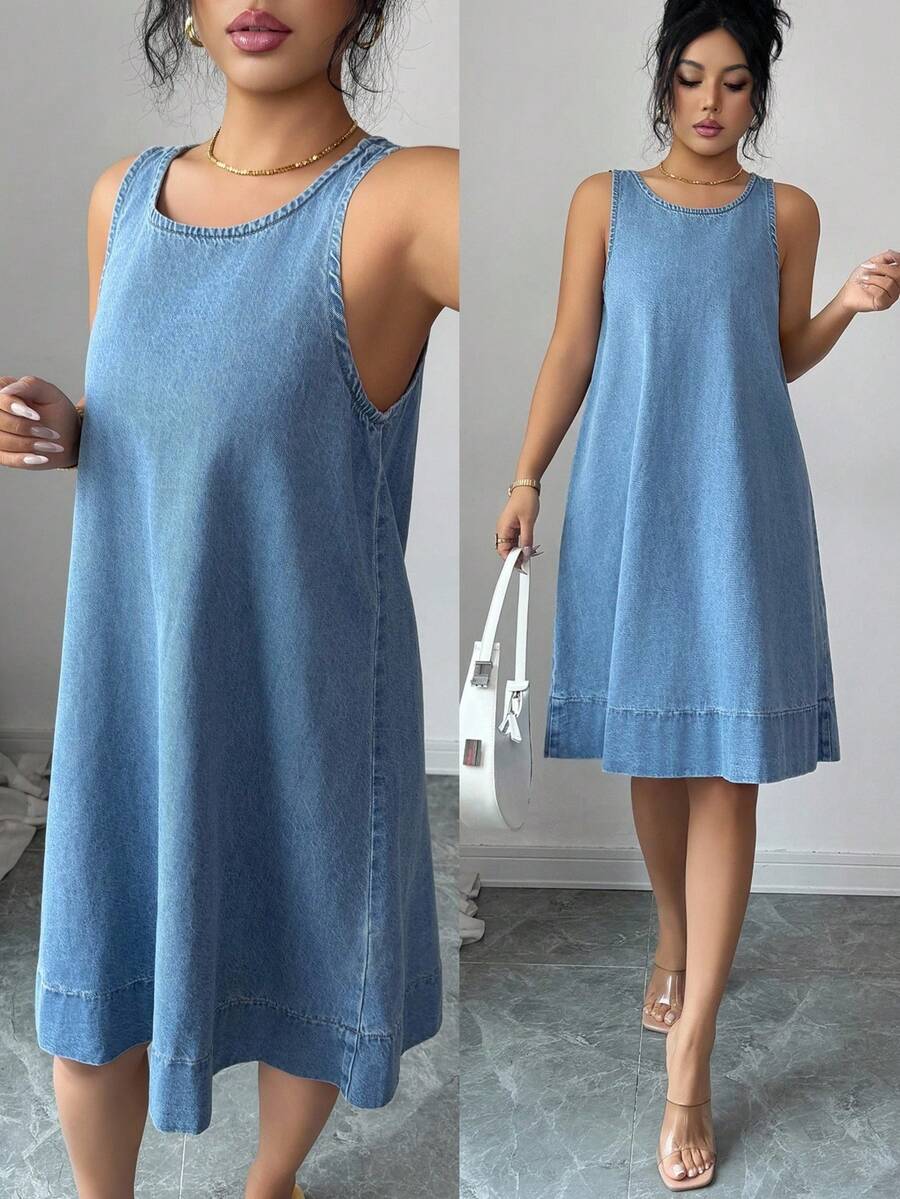 Selianne Damen lässiges, locker sitzendes ärmelloses Denim-Midi-Kleid - Mittele Waschung - Übersicht 1