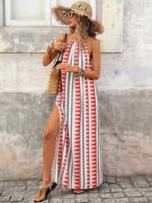Brillora 女士吊带流苏系带高开衩露背休闲印花沙滩度假连衣裙 - 紅色 - 查看 3