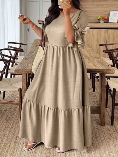 Weeklong Plus Size Solid Color Round Neck Ruffle Hem Casual Dress