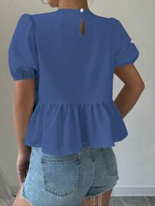 Elenzga 女士夏季纯色圆领泡泡袖蝴蝶结系带荷叶边上衣 - 深色水洗藍 - 查看 2