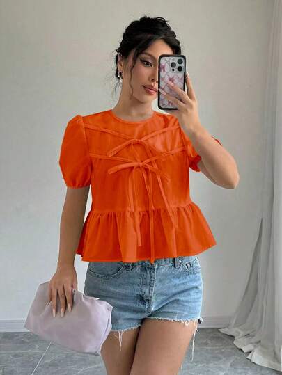 Elenzga 女士夏季纯色圆领泡泡袖蝴蝶结系带荷叶边上衣