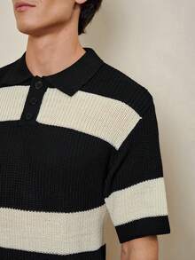 RONVEXI 男士撞色 Polo 领短袖衬衫，春夏款 - 黑與白 - 查看 2