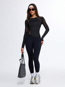 Dewbera Dewbera Women's Black Autumn Athleisure Slim-Fit Workout Top,Mesh Panel Zip Athletic Jacket,Long Sleeve Breathable Gym Yoga&Training Quick-Dry Stretch Shirt - Black - View 1