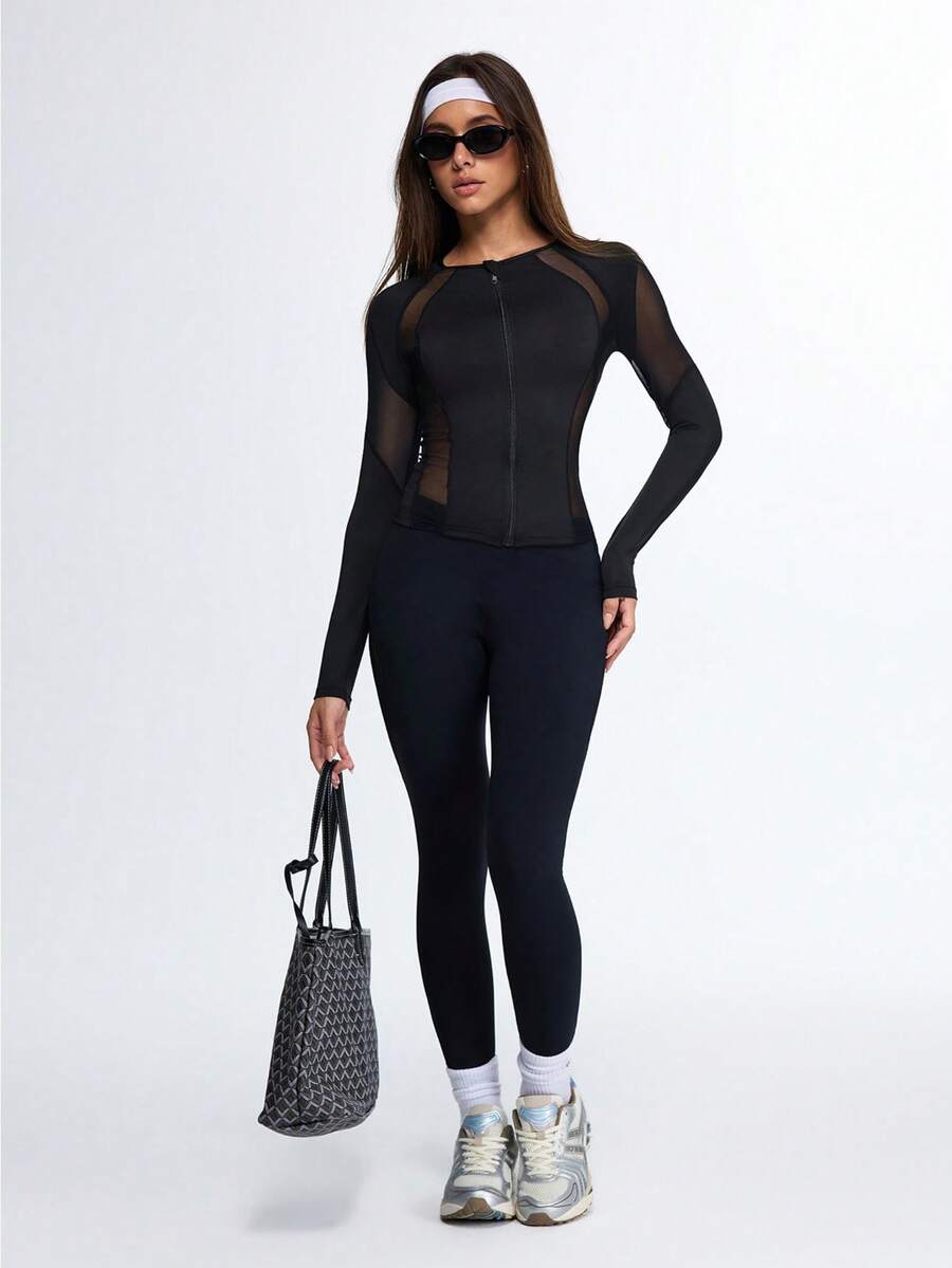 Dewbera Dewbera Women's Black Autumn Athleisure Slim-Fit Workout Top,Mesh Panel Zip Athletic Jacket,Long Sleeve Breathable Gym Yoga&Training Quick-Dry Stretch Shirt - Black - View 1