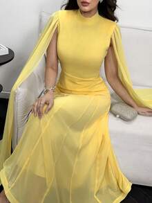 Modelyn Đầm tay cape màu trơn thanh lịch dành cho nữ, thích hợp dự tiệc. - Màu vàng - Xem 6