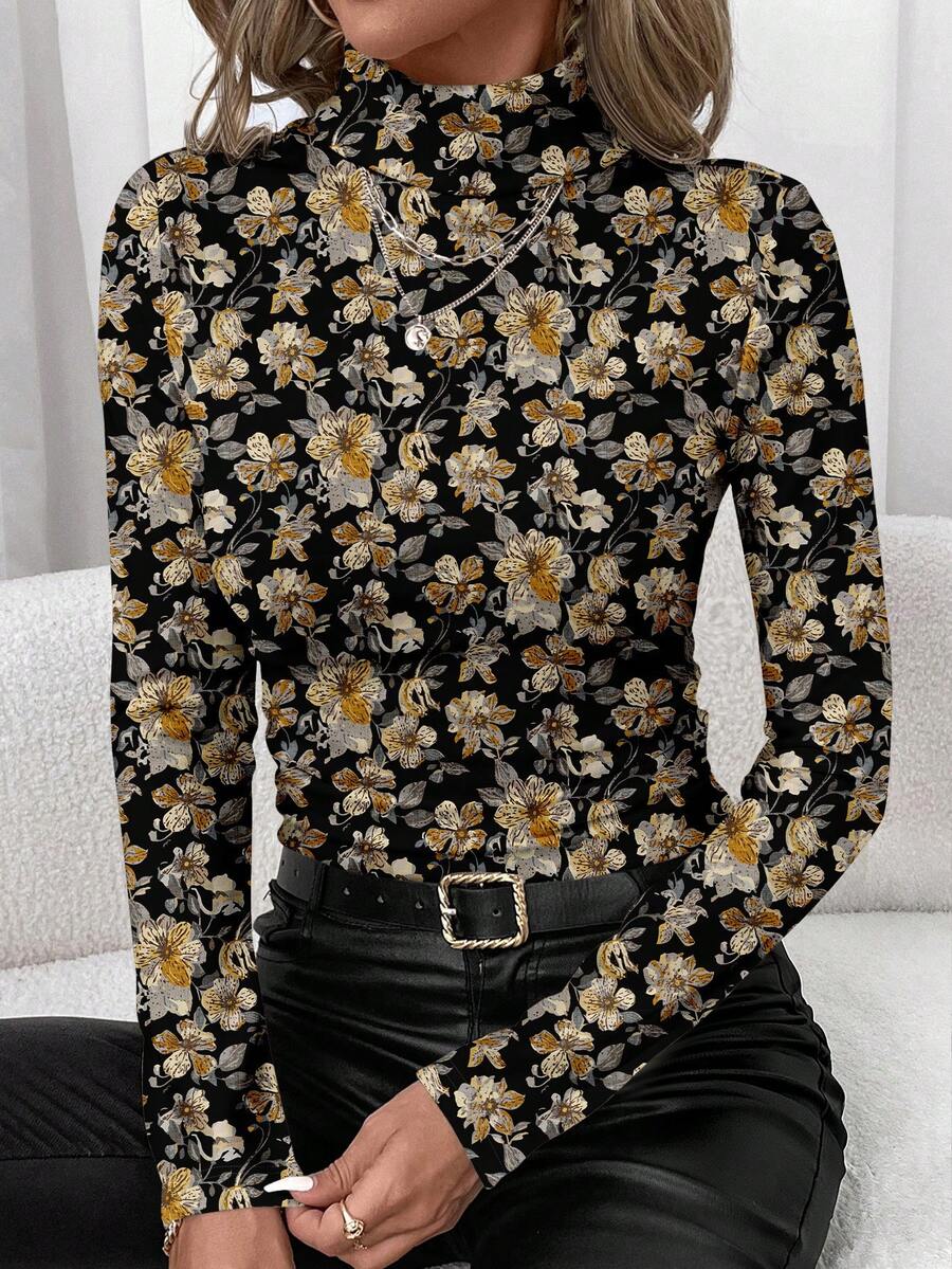 SHEIN Clasi 女士休闲简约高领打底衫，饰以复古印花 - 彩色 - 查看 1