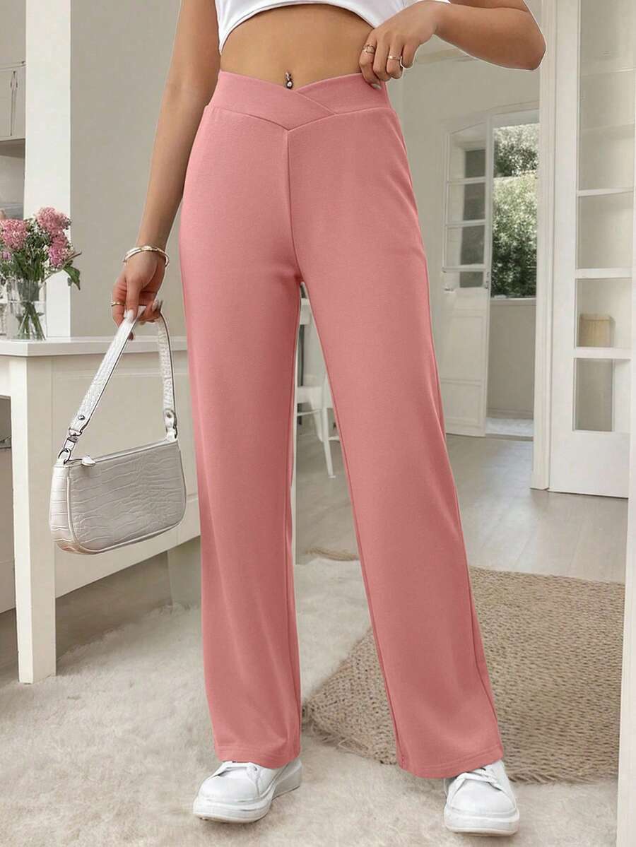 SHEIN Frenchy 女士休闲优雅扭腰修身直筒裤 - 粉色 - 查看 1