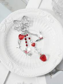 ROMWE 1款春季新款ins甜美可爱时尚学院风红色系列仿水晶仿珍珠树脂亚克力水钻蝴蝶爱心银色可开合珠链星翼恶魔翼爱心草莓DIY钥匙扣包包挂件水杯挂件手机挂件，适合姐妹、女友、情侣、女孩和女士日常佩戴、节日礼物 - 紅色 - 查看 12