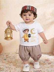 两件套男婴星月图案白色T恤和卡其色灯笼裤 - 彩色 - 查看 1