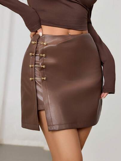 SHEIN PETITE Brown Side Slit Metallic Trim Faux Leather A-Line Skirt, Going Out Skirt, Vintage Skirt, Fall Outfits, Sexy Skirt, Leather Skirt