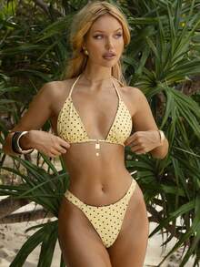 Swim Mod Women's Summer New Seaside Vacation Fashion Sweet Cute Contrast Polka Dot Print Reversible Halter Tie Back Sexy Bikini Set Set Summer Bikini Cute Swimsuits Polka Dot Bikini Polka Dot Bathing Suit - Multicolor - View 7