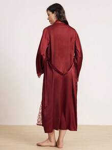 Hourtrue Women's Elegant Satin Belted Robe, Soft Lace Trim, Bell Sleeves, With Belt, Smooth And Comfortable, Suitable For Home Use, Fall, Christmas, Winter - Burgundy - View 2