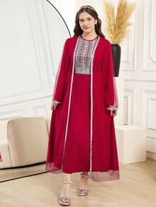 SHEIN 2pcs/Set Teen GirlOutfit, Knit Slit Cami Dress And Button-Up Cropped Jacket Set, Gray - Red - View 6