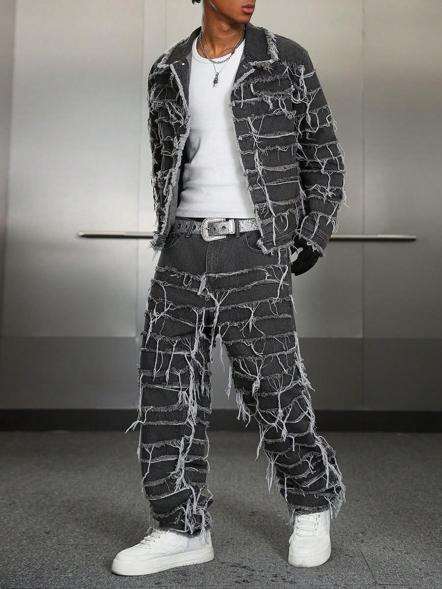 PAVTROS American Style Patch & Fringe Denim Outfit Men 2 Piece Set Patched - Grey - View 1
