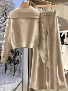 INAWLY Women's Casual Everyday Commute Simple Solid Color Ribbed Knit Turtleneck Button-Up Top And Wide Leg Pants 2-Piece Set, Autumn/Winter - Khaki - View 2